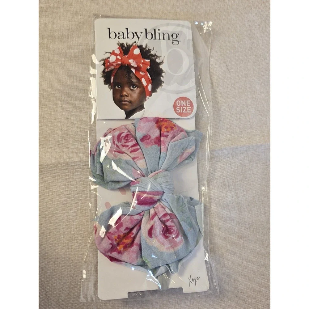 baby bling bow headband Blue With Pink Roses One Size New